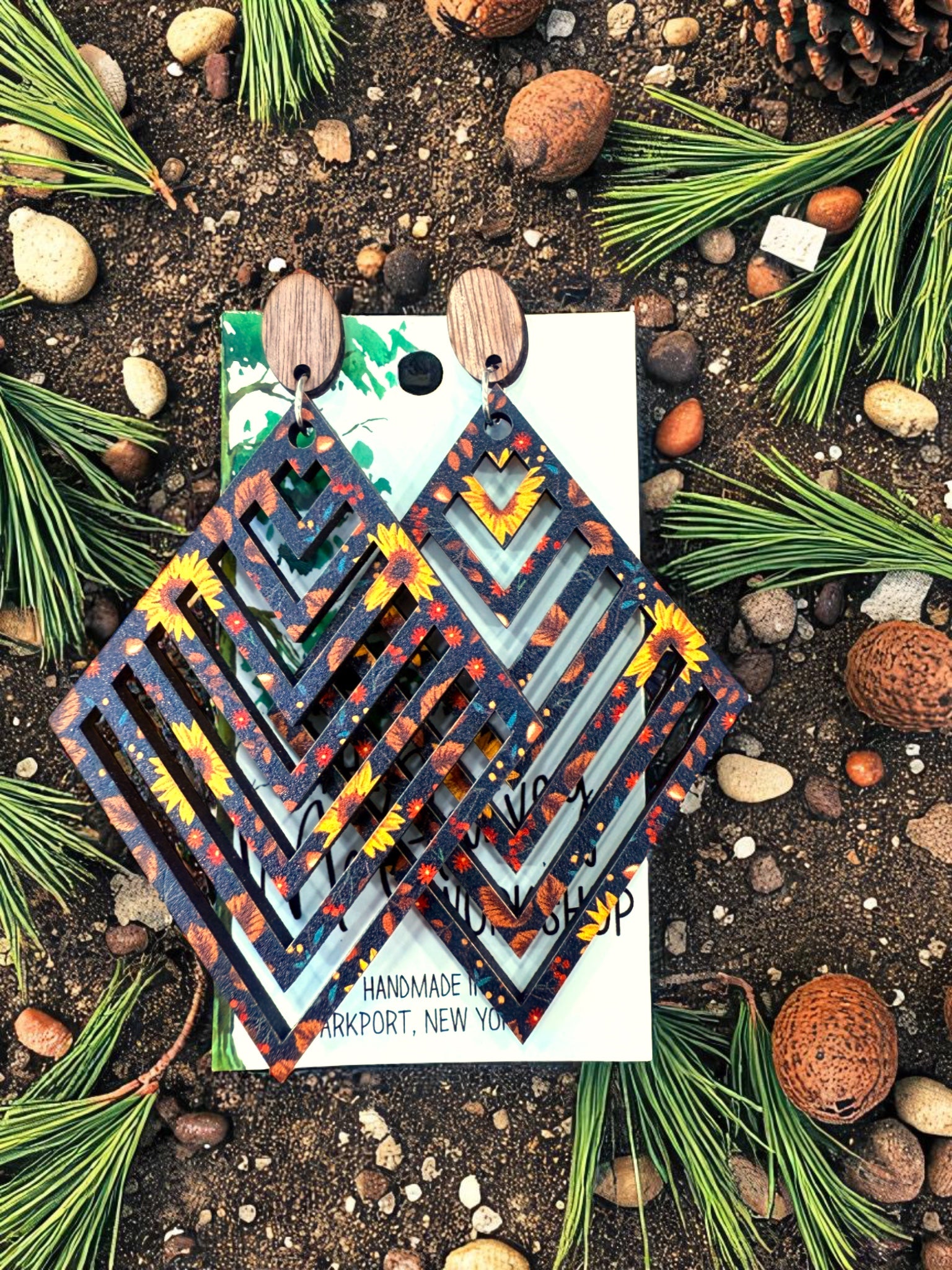 Wood Sunflower Dangle Earrings, Wood Earrings, Hypoallergenic