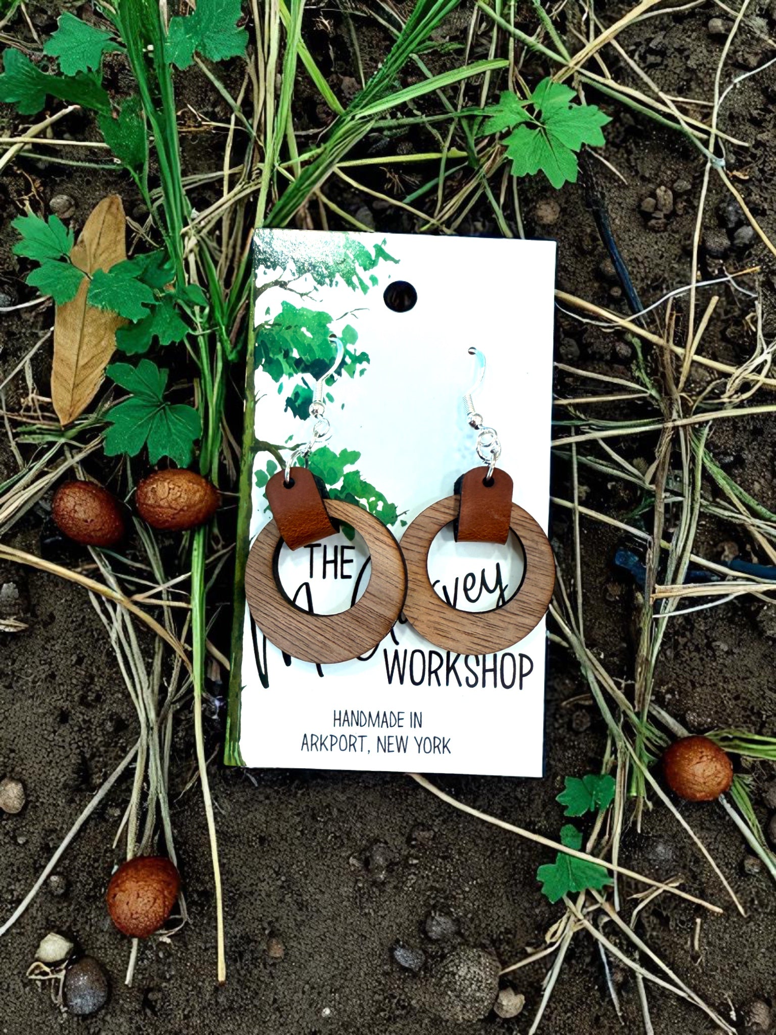 Wood and Leather Print Dangle Earrings, Wood Earrings, Hypoallergenic