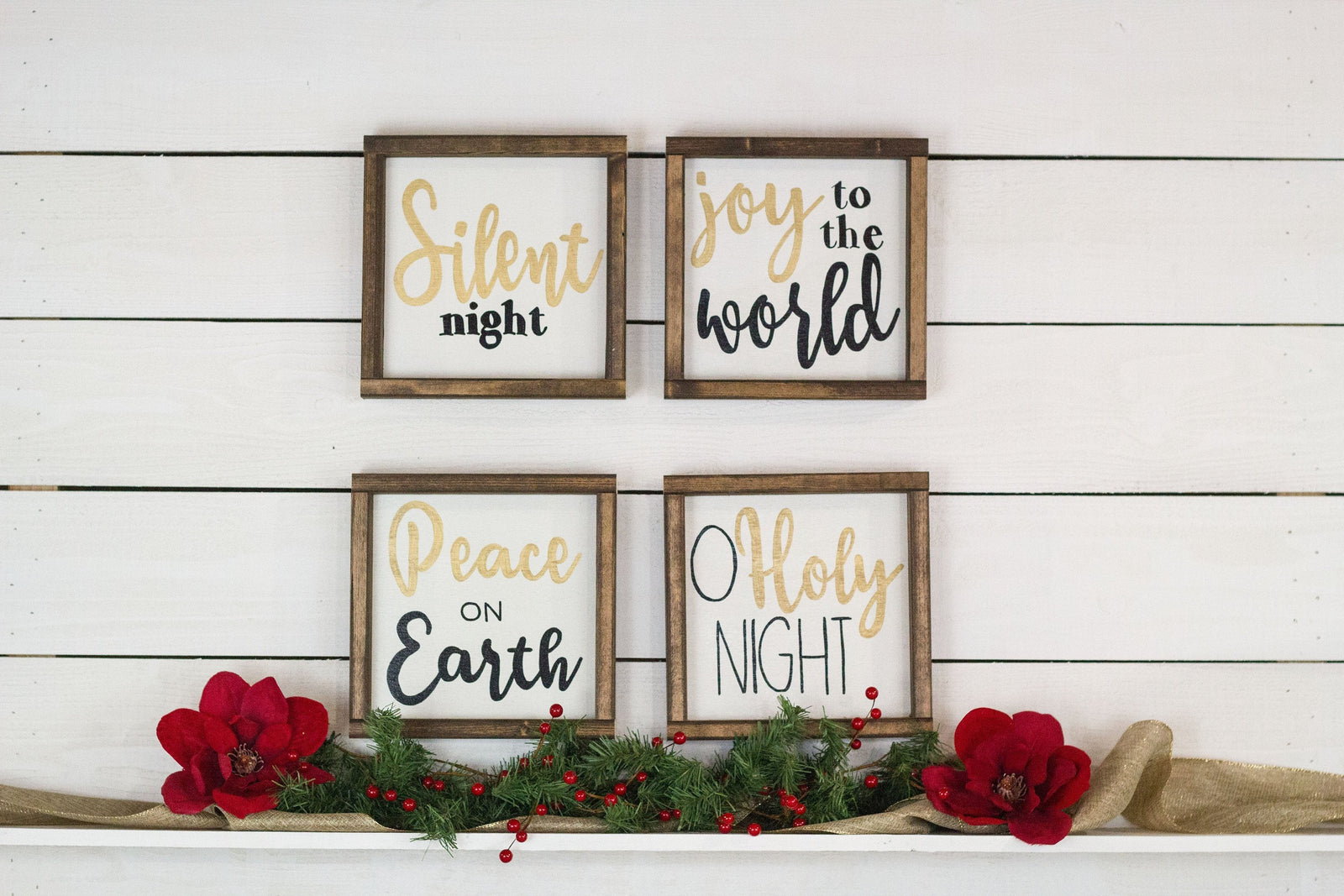 Set of 4 Christmas Signs, O Holy Night, Silent Night, Peace on Earth, Joy To the World