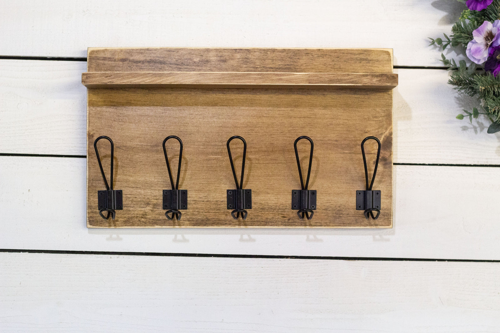 Rustic Wall Mounted Entryway Coat Rack with Farmhouse Style Hooks and Small Shelf