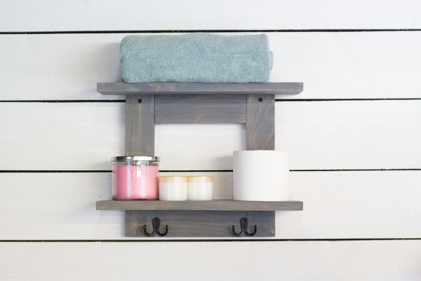 Bathroom Wall Shelf with 2 Double Towel Hooks