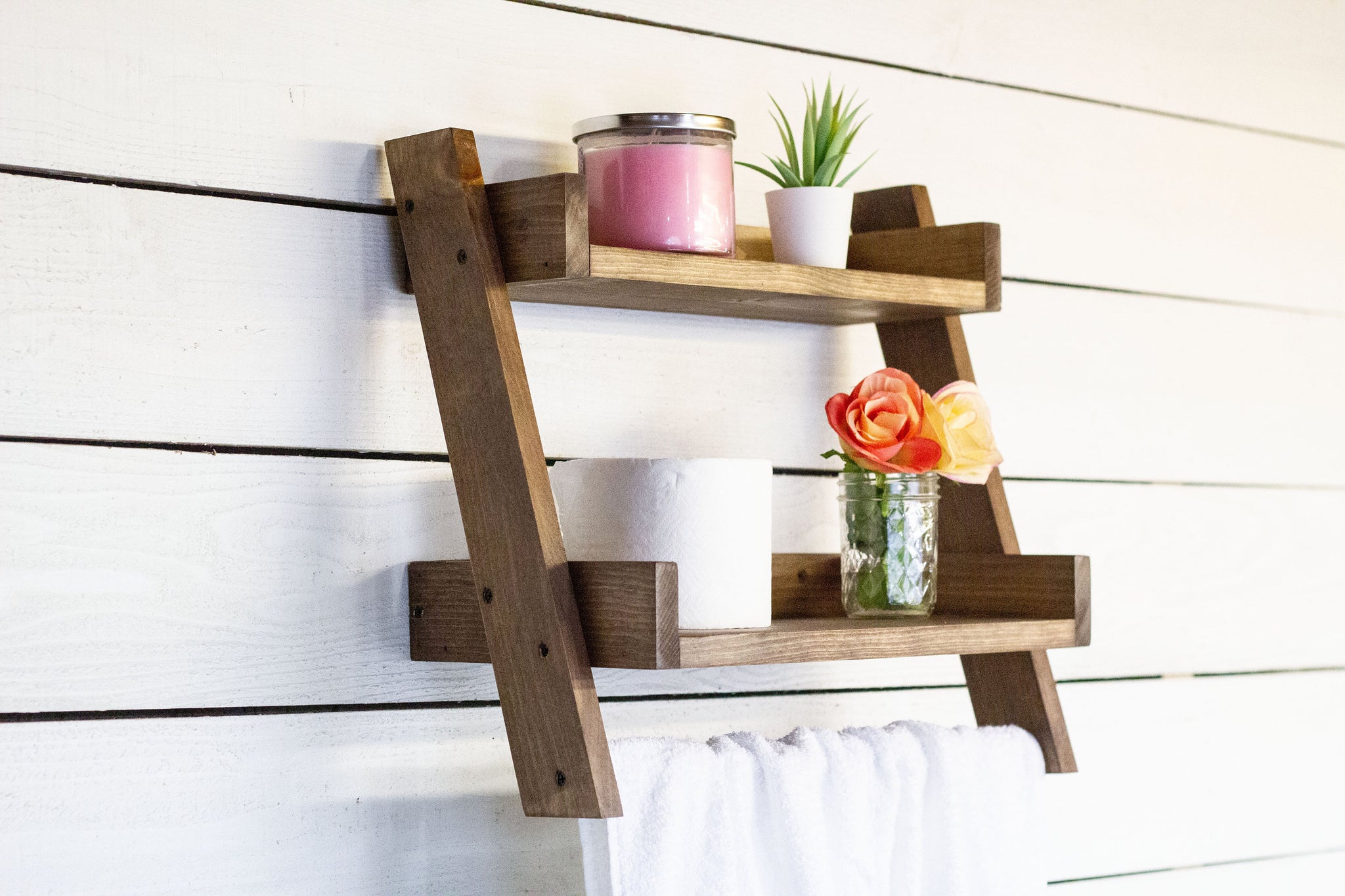 5 Hook Wood Wall Mounted Floating Bathroom Shelf and Towel Rack