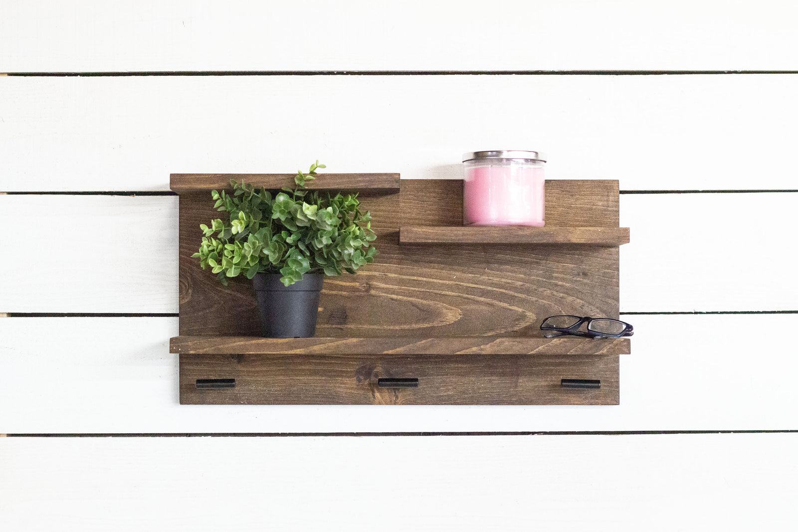 Wall Mounted Shelf with Deep Shelves and Bar Hooks