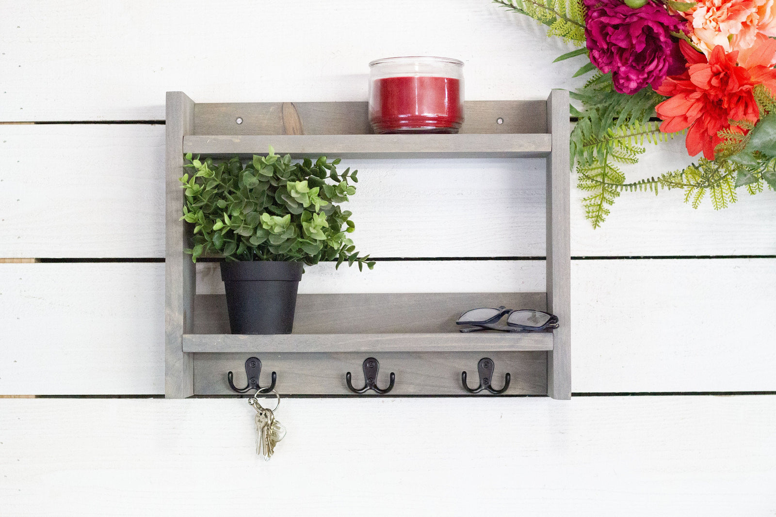 Wooden Key Hooks with Shelf