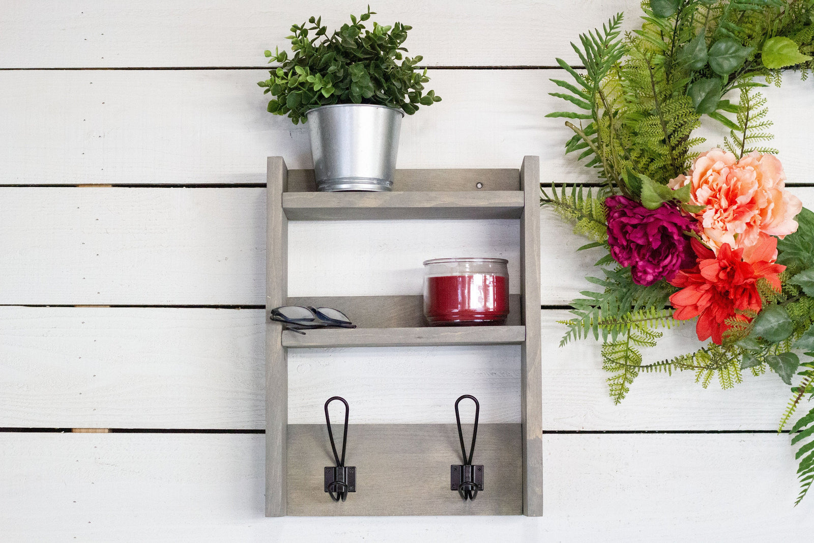 Farmhouse Style Coat Hooks and Wooden Shelf,  Wall Mounted Entryway Shelf
