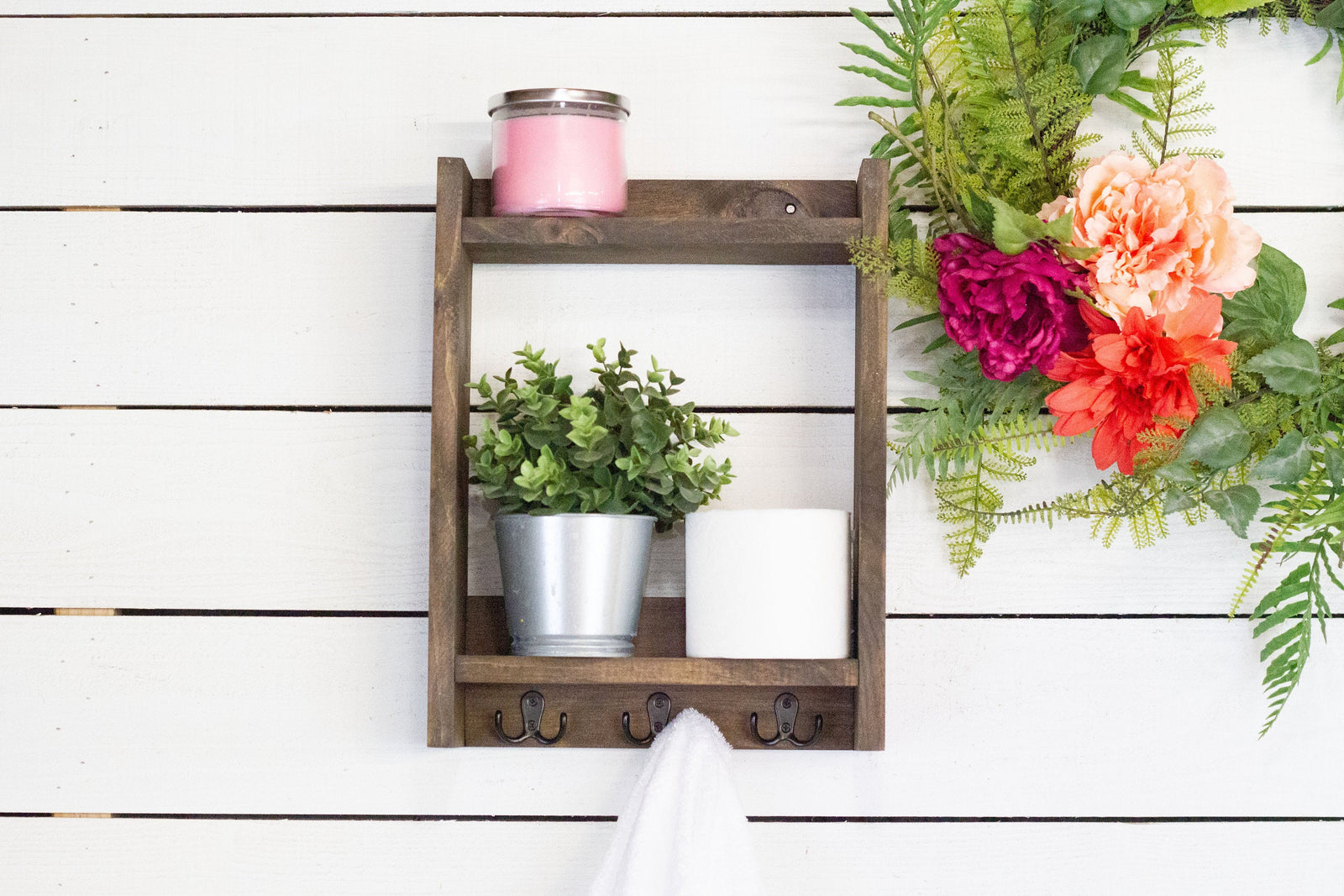 Solid Wood Bathroom Shelf with Towel Hooks