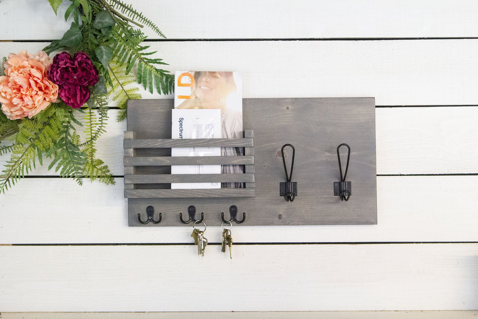 Mail Holder with Key Hooks and Farmhouse Style Coat Hooks