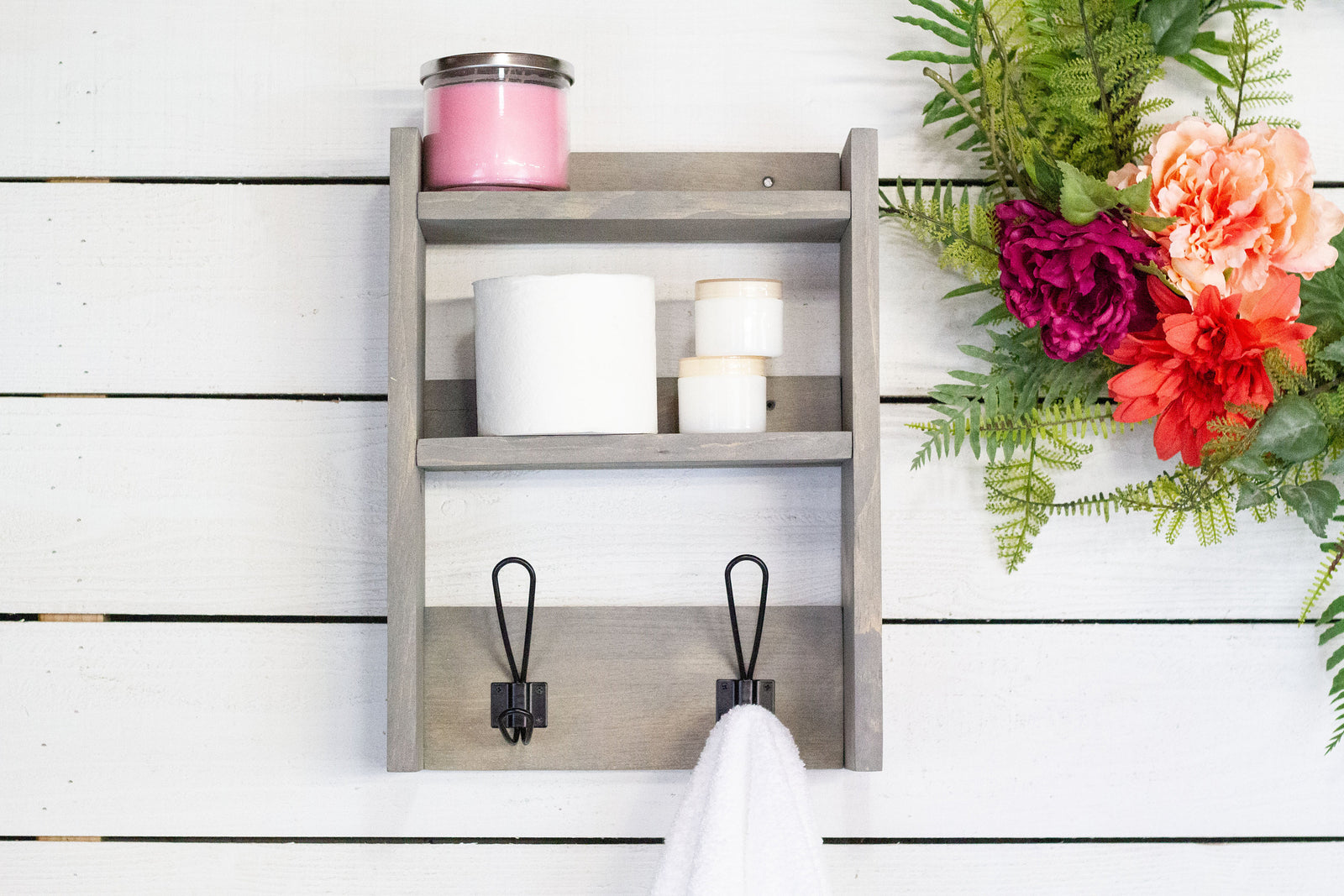 Bathroom Storage Shelf with Farmhouse Towel Hooks