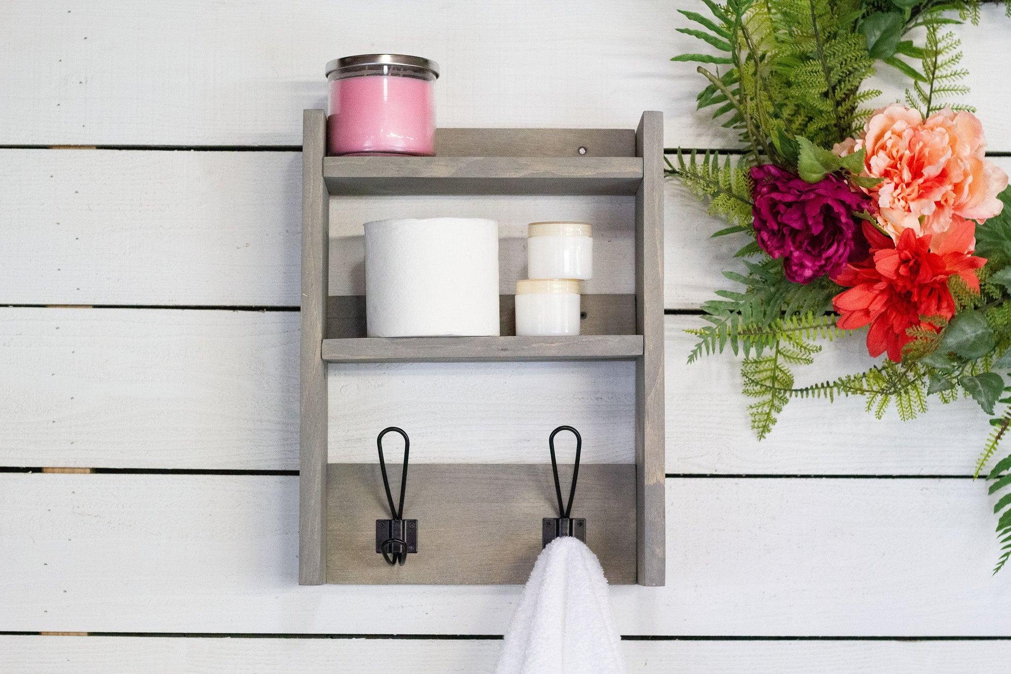 28 Bathroom Shelf Organizer with Towel Hooks - Modern Farmhouse