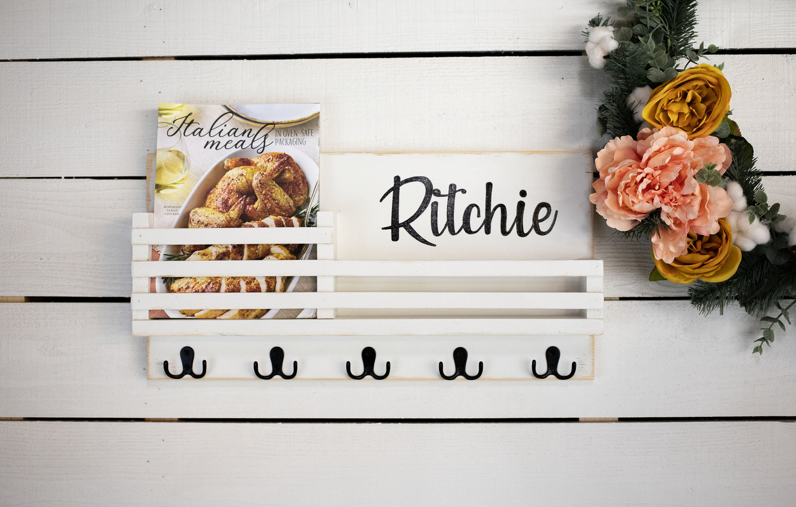 Personalized Wall Key + Mail Wood Organizer with Shelf + Railing