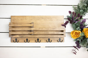 Personalized Wall Key + Mail Wood Organizer with Shelf + Railing